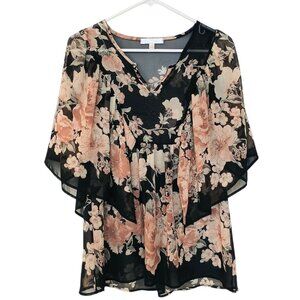 Women's Mimi & Daphne Black Pink Flowy Sheer Floral Blouse Size Small